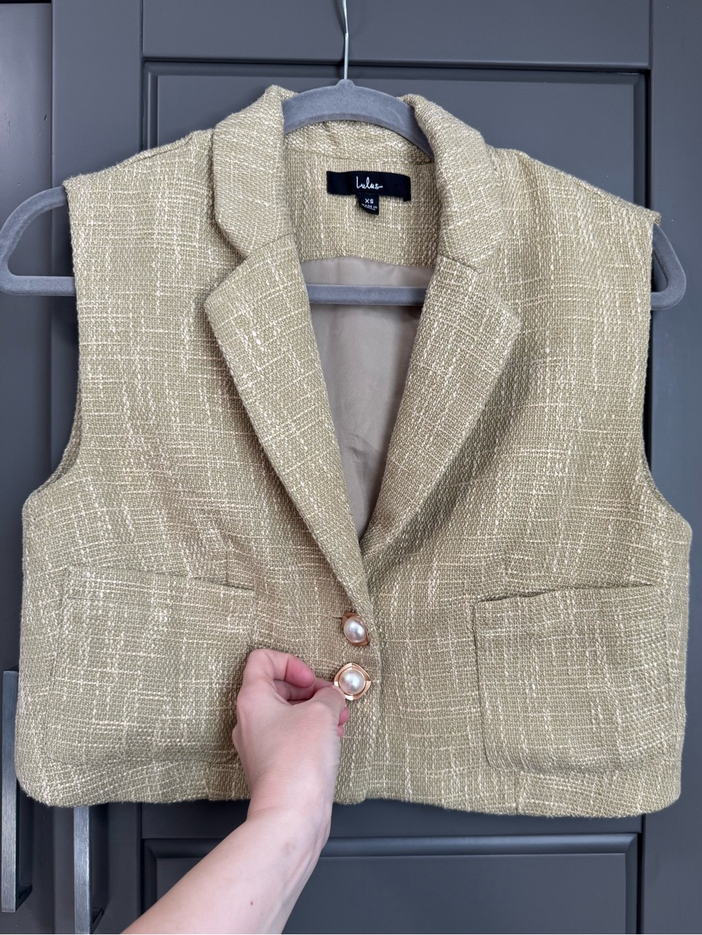 Lulu's Gold Tweed Cropped Vest with Pearl Buttons